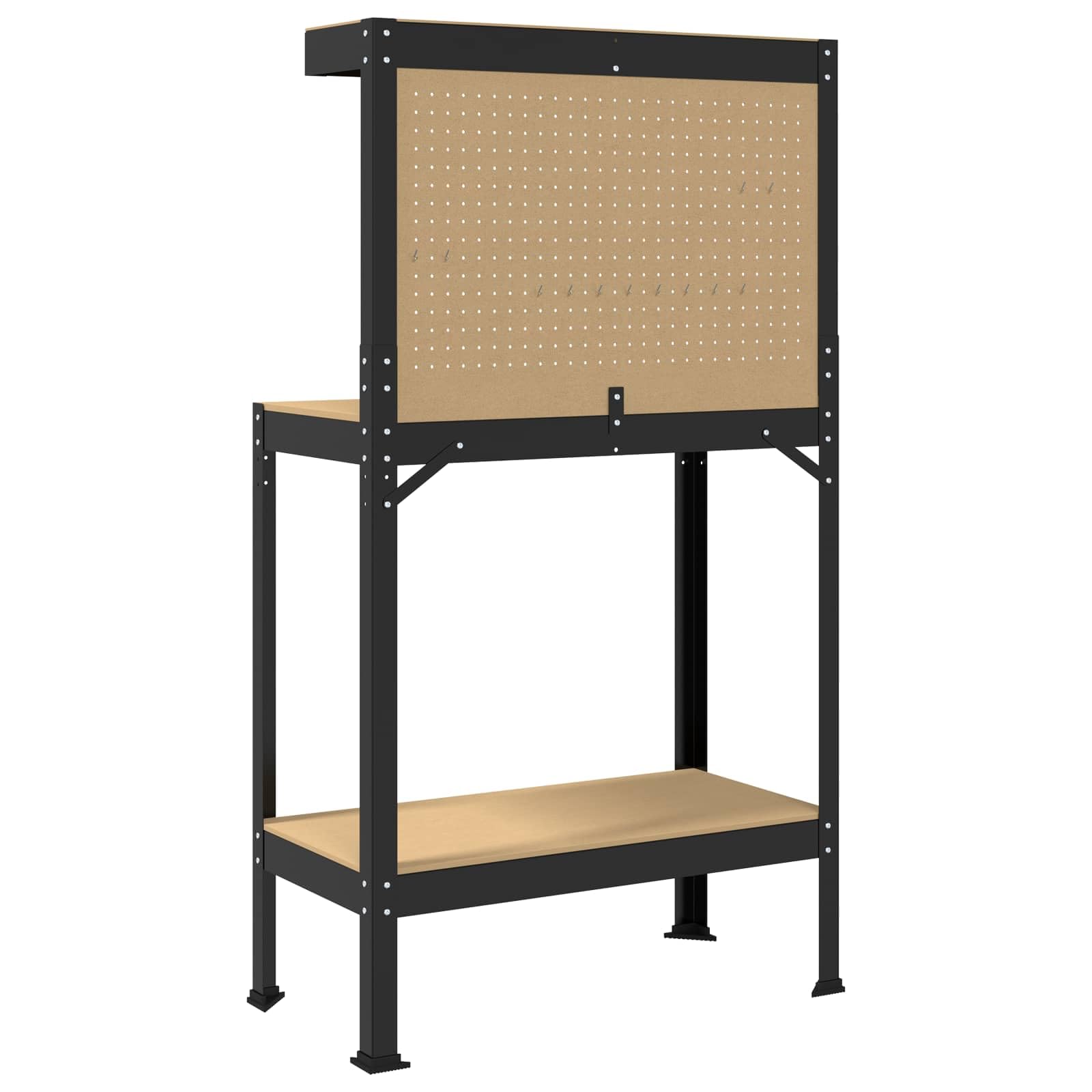 Banco de trabajo estable de madera y metal para taller y garaje con almacenamiento, pared perforada y cajón en color negro, 81 x 41 x 145 cm