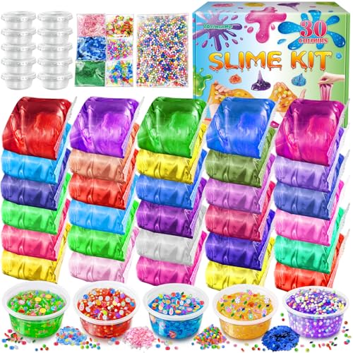 Kit de 30 colores para hacer slime para niñas, Crystal Clear Slime, Glow in The Dark Slime con complementos de bolas de espuma, amuletos, purpurina, juguetes de regalo para niños