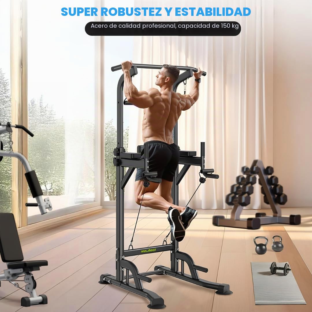 wuuhoo® Rack Multifuncional - Estación de Dips y Pull-Ups con Respaldo, Cuerda de Tracción y Cuerda de Tensión hasta 150kg de Capacidad