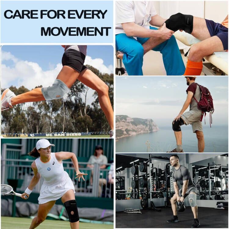 Miniatura 9 de Rodillera para hombres y mujeres con estabilizadores laterales y almohadilla de gel para rótula, soporte de compresión de rodilla ajustable