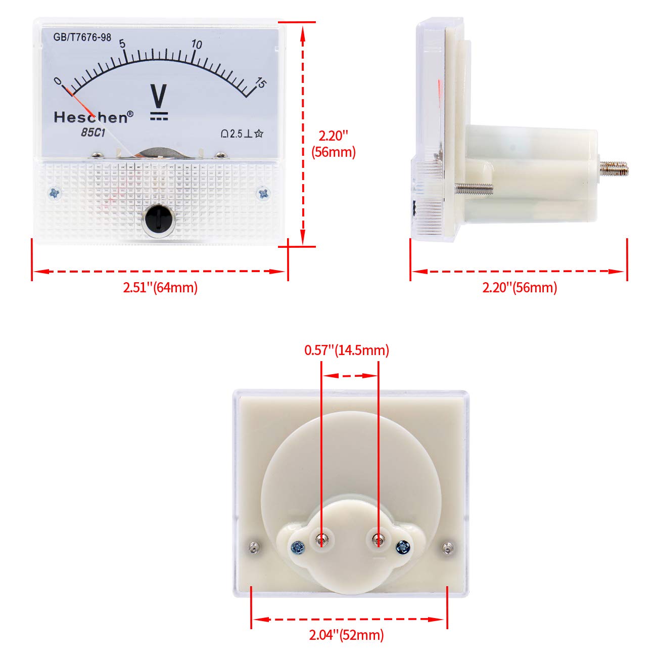 Heschen 85C1-5A Analoges Amperemeter DC 0-5A - Stromzähler Klasse 2,5 62x55mm