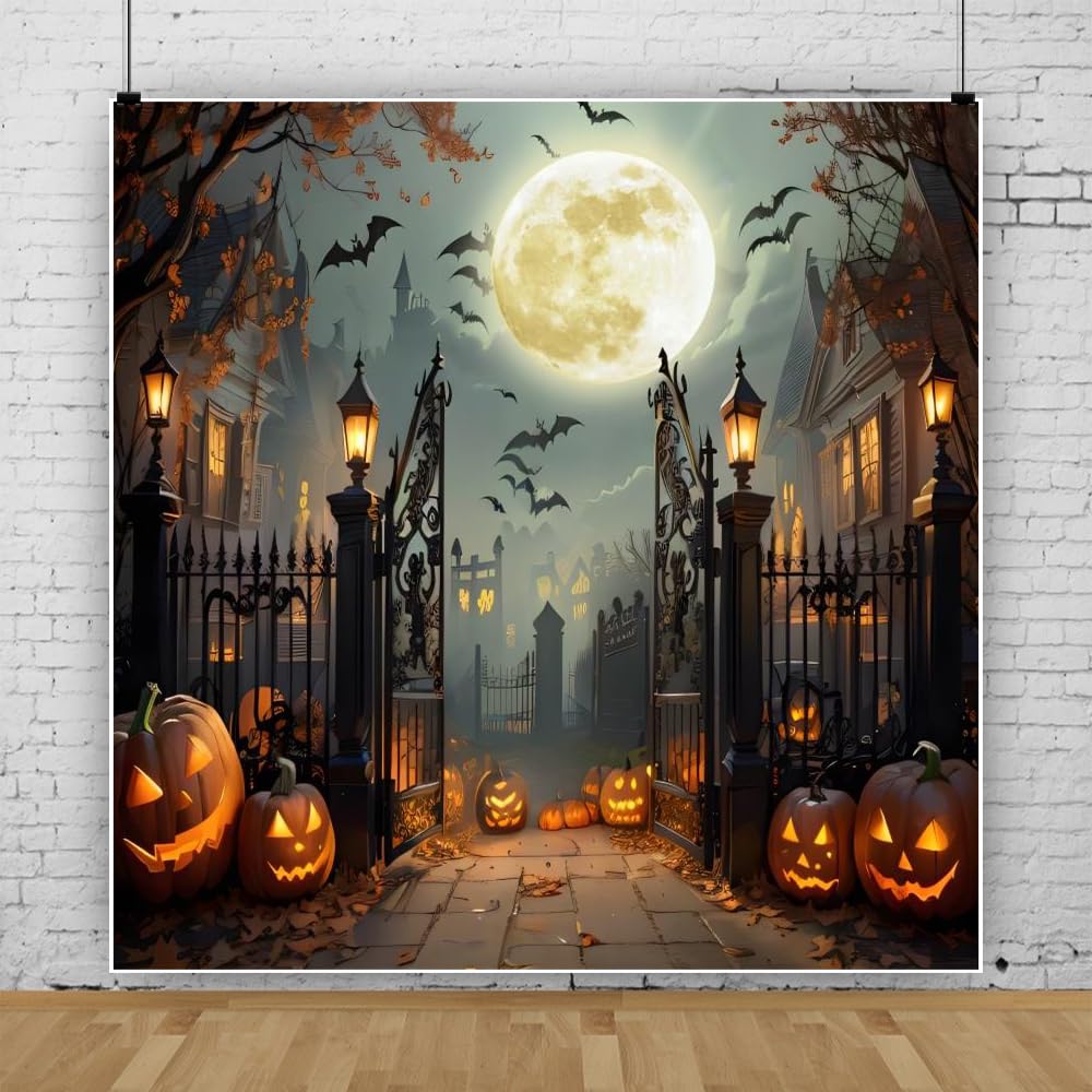 Halloween-Hintergrund – Gruselige Fotodeko Mit Vollmond, Kürbis & Fledermäusen | Vinyl