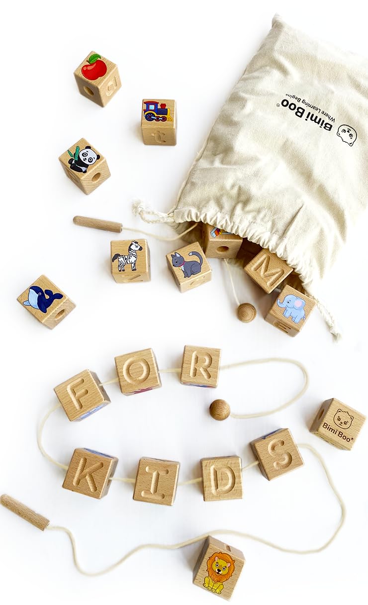Bimi Boo Large Wooden Alphabet Lacing Beads for Toddlers - ABC Fine Motor Threading Toy with Objects & Animals (26 Stringing Blocks, 2 Ropes, Cotton Bag)
