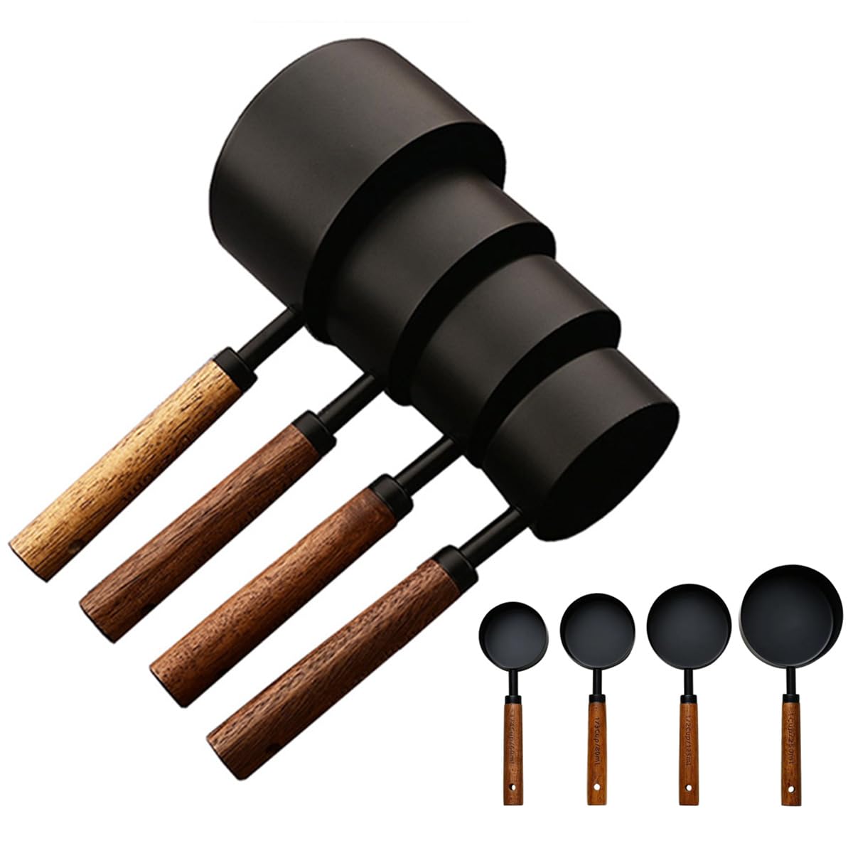 4-piece Black Stainless Steel Measuring Cups Kitchen Gadgets for Cooking Baking, BRIIEC Wooden Handle Stackable Nesting Measuring Cup Set Dishwasher