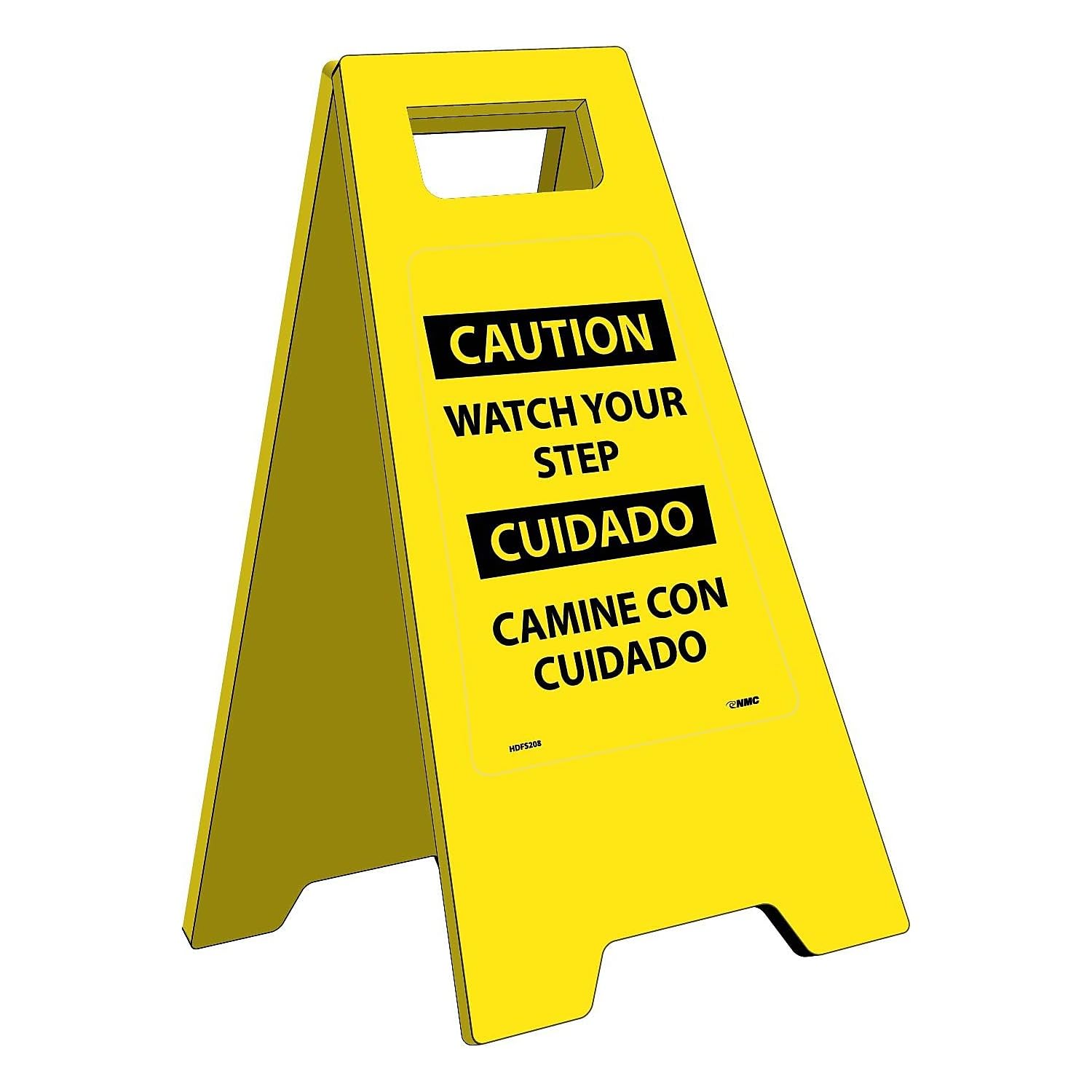 NMC HDFS208 Bilingual Heavy Duty Floor Stand Sign, Legend "CAUTION WATCH YOUR STEP", 10-3/4" Length x 24-5/8" Height, Black on Yellow
