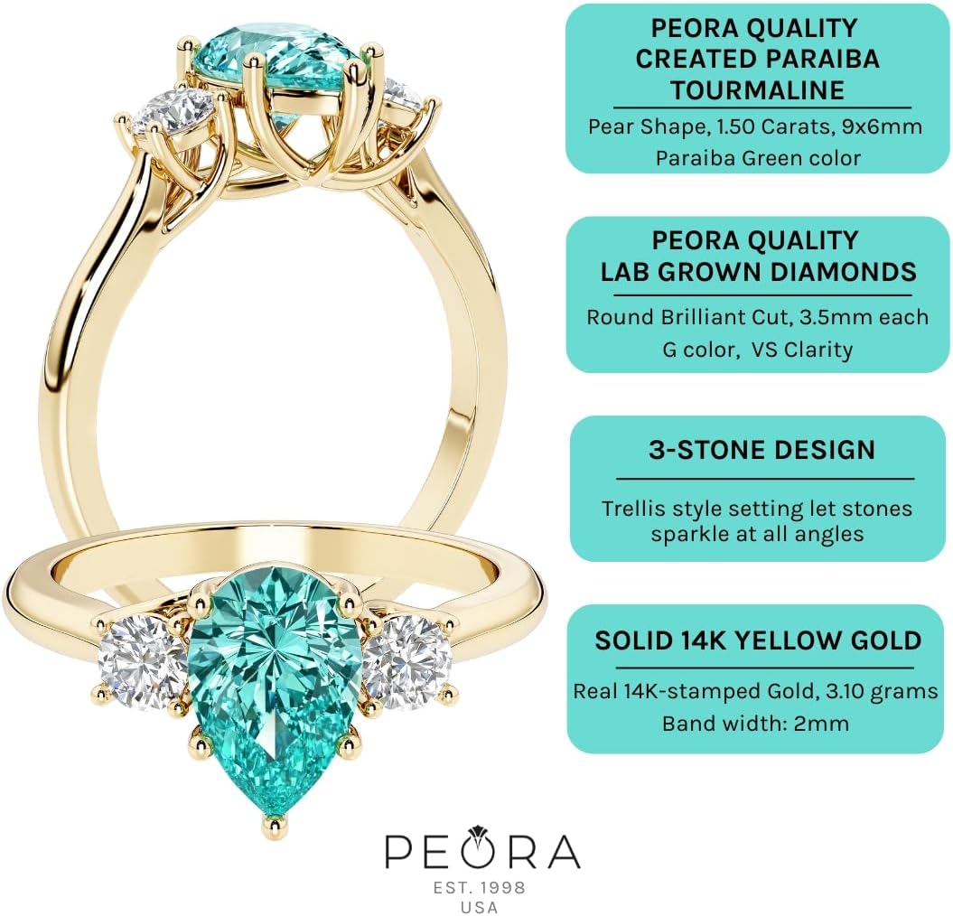 PEORA 3-Stone Pear Shape Shape Created Paraiba Tourmaline and Lab Grown Diamond Trellis Ring 14K White or Yellow Gold, 1.80 Carats total, Sizes 4 to 10