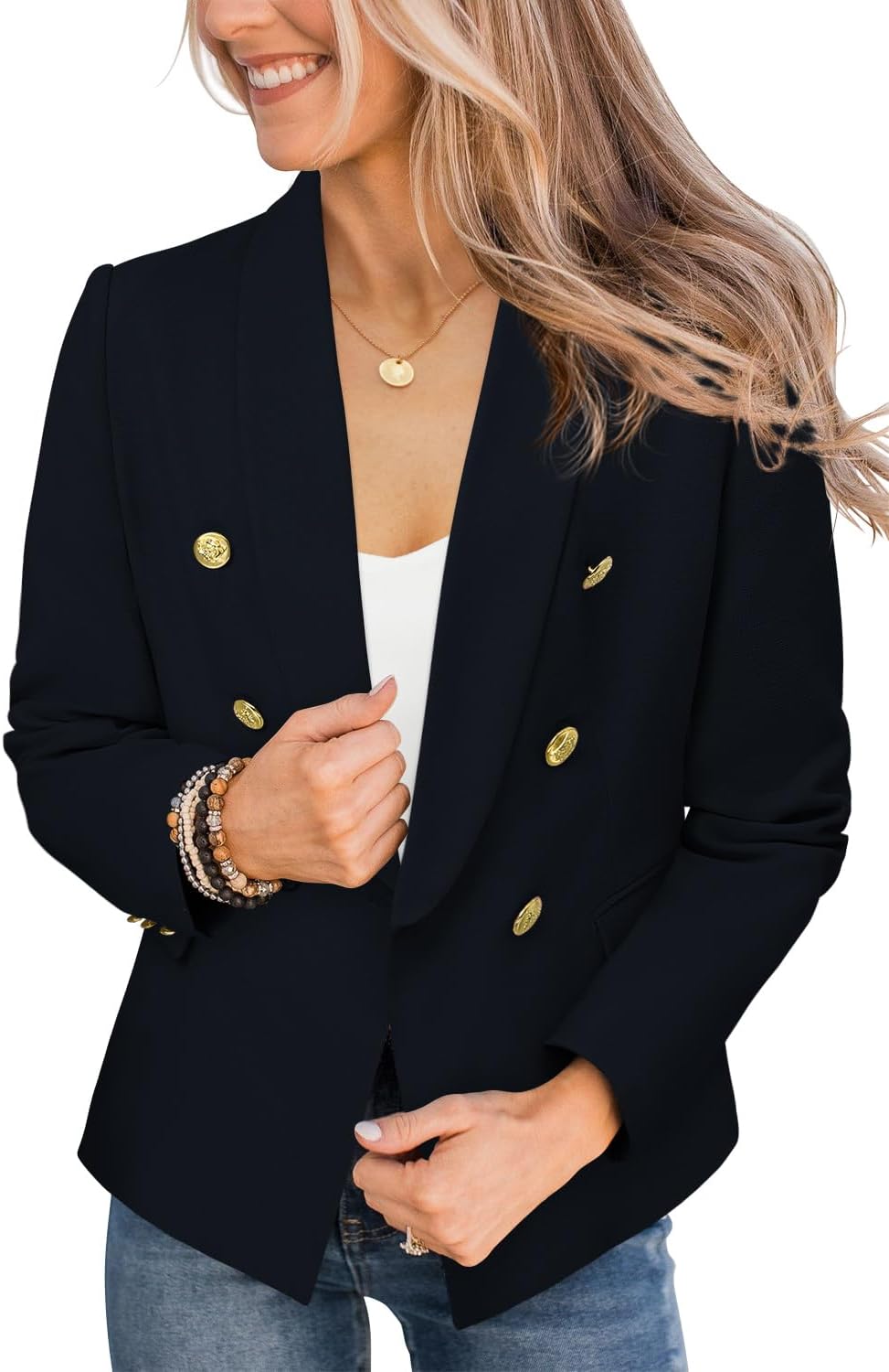 CRAZY GRID Womens Casual Blazer Jacket Gold Button Long Sleeve Work 0ffice Blazer Lapel Open Front Jacket - Image 2