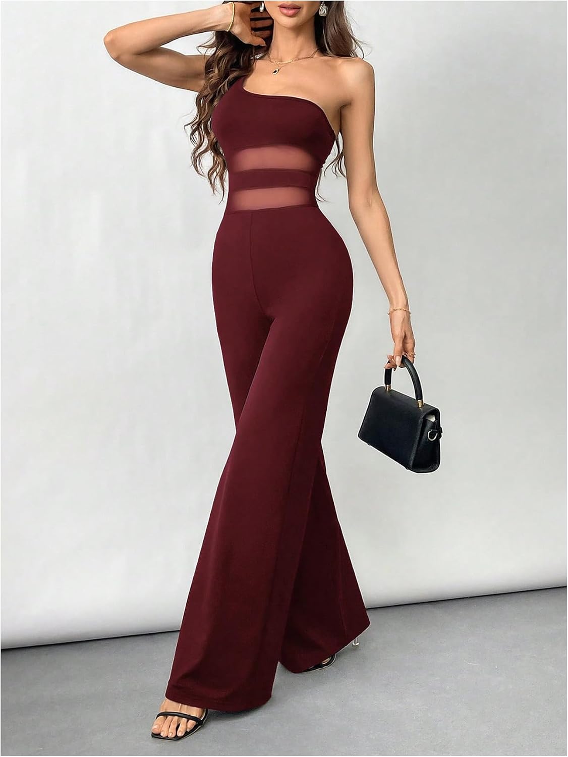 SHENHE Women's One Shoulder Wide Leg Jumpsuit Mesh Sleeveless Business Casual Romper Pants
