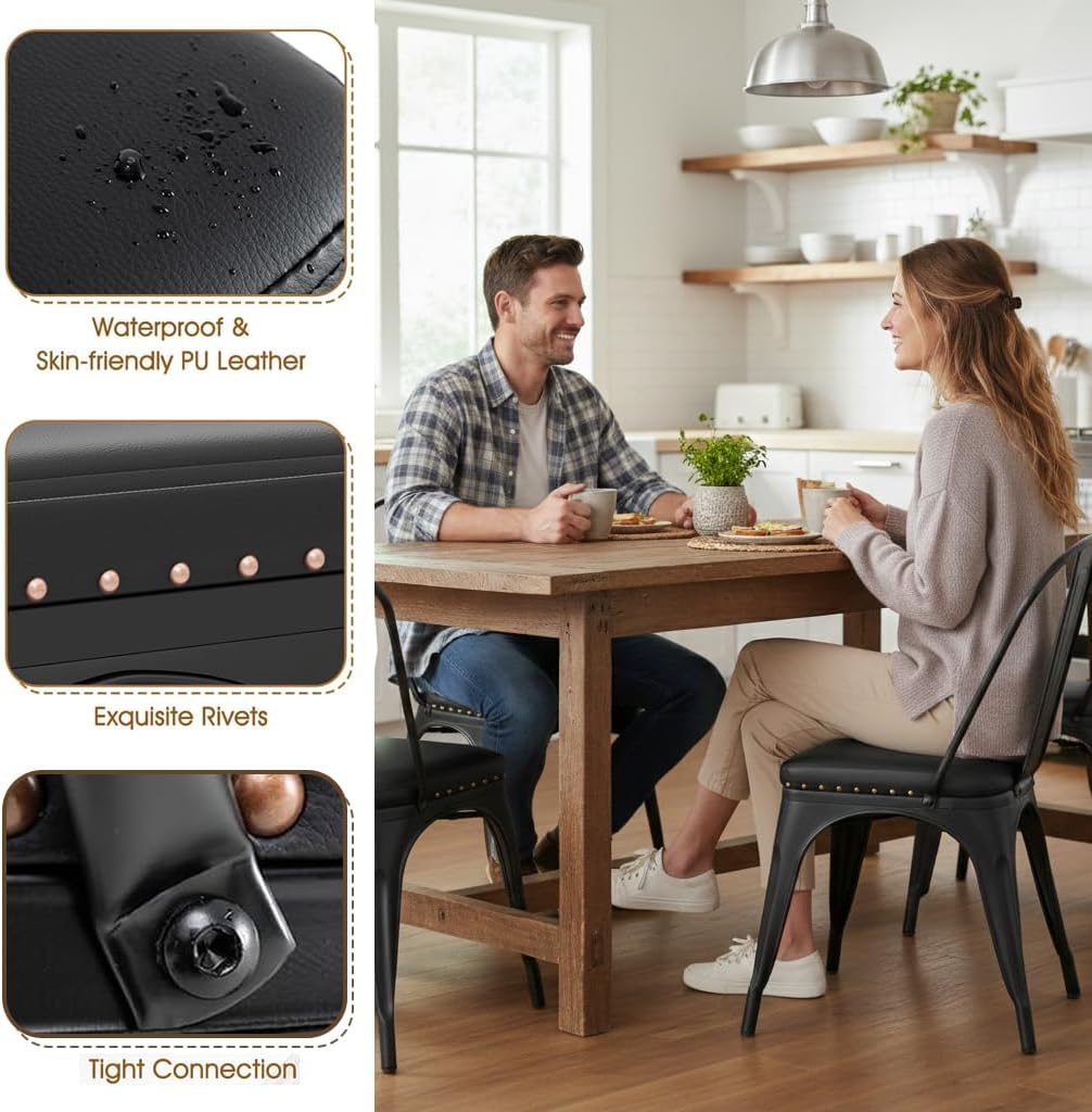 Set of 4 Industrial Metal Dining Chairs – 18.5" Stackable Tolix Side Chairs with Detachable High Back – 1.6" Thick PU Leather Padded Seats and 330 lbs Capacity – Black & Black