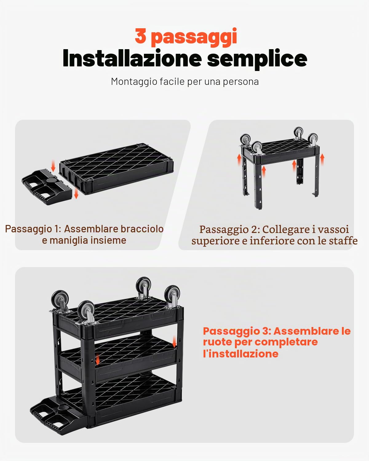 VEVOR Carrello di Servizio 103x43,5x85,7cm Carrello a Mano Multiuso 3 Ripiani Capacità Totale 249kg, Carrello a Portata Ruote Girevoli 360° 2 Ruote con Freni, Carrello Portaoggetti da Garage Giardino