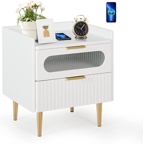 AILEEKISS Mesita de noche con función de carga inalámbrica moderna mesita de noche con cajón de vidrio templado mesitas de noche de madera para