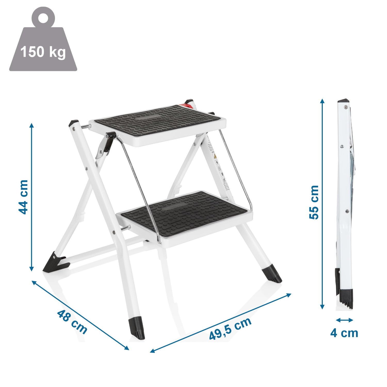 hjh OFFICE 801200 Gradino pieghevole a 2 gradini SOLID W1 Gradino pieghevole in acciaio, portata fino a 150 kg, chiusura di sicurezza pieghevole, maniglia di trasporto, gradino, bianco