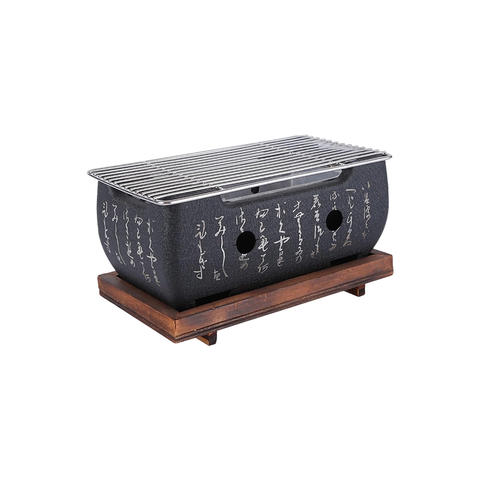 hogtnd Japanese Style Engraved Aluminium BBQ Grills with Stainless Steel Grill Grids and Heat-resistant Wooden Base Simple Barbecue Equipment