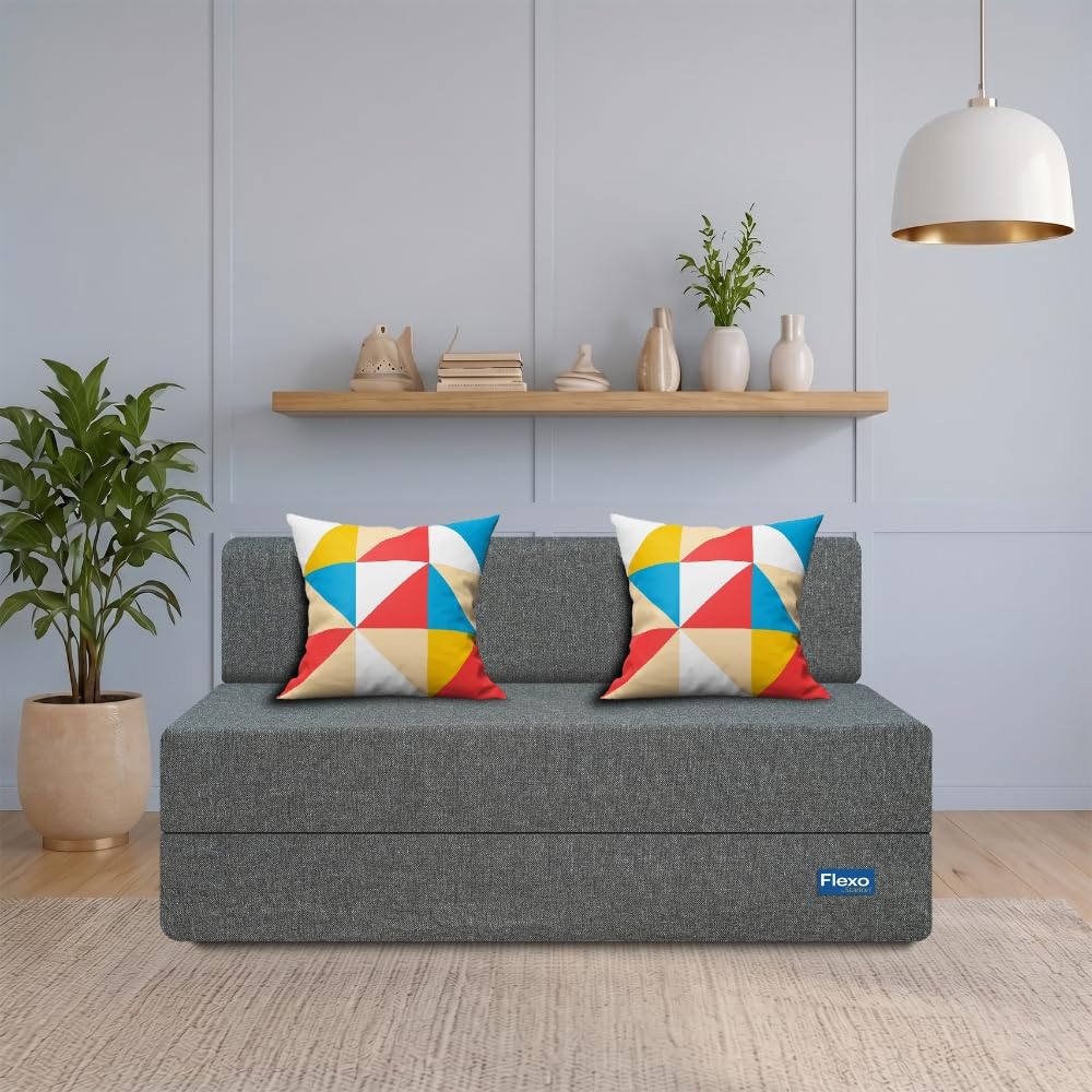 Starlon 2 Seater Sofa Cum Bed | Foldable Sofacum Bed | Jute Fabric Washable Cover Sofa | 4' X 6' Feet (Grey with Geometrical Pillows)-image-37