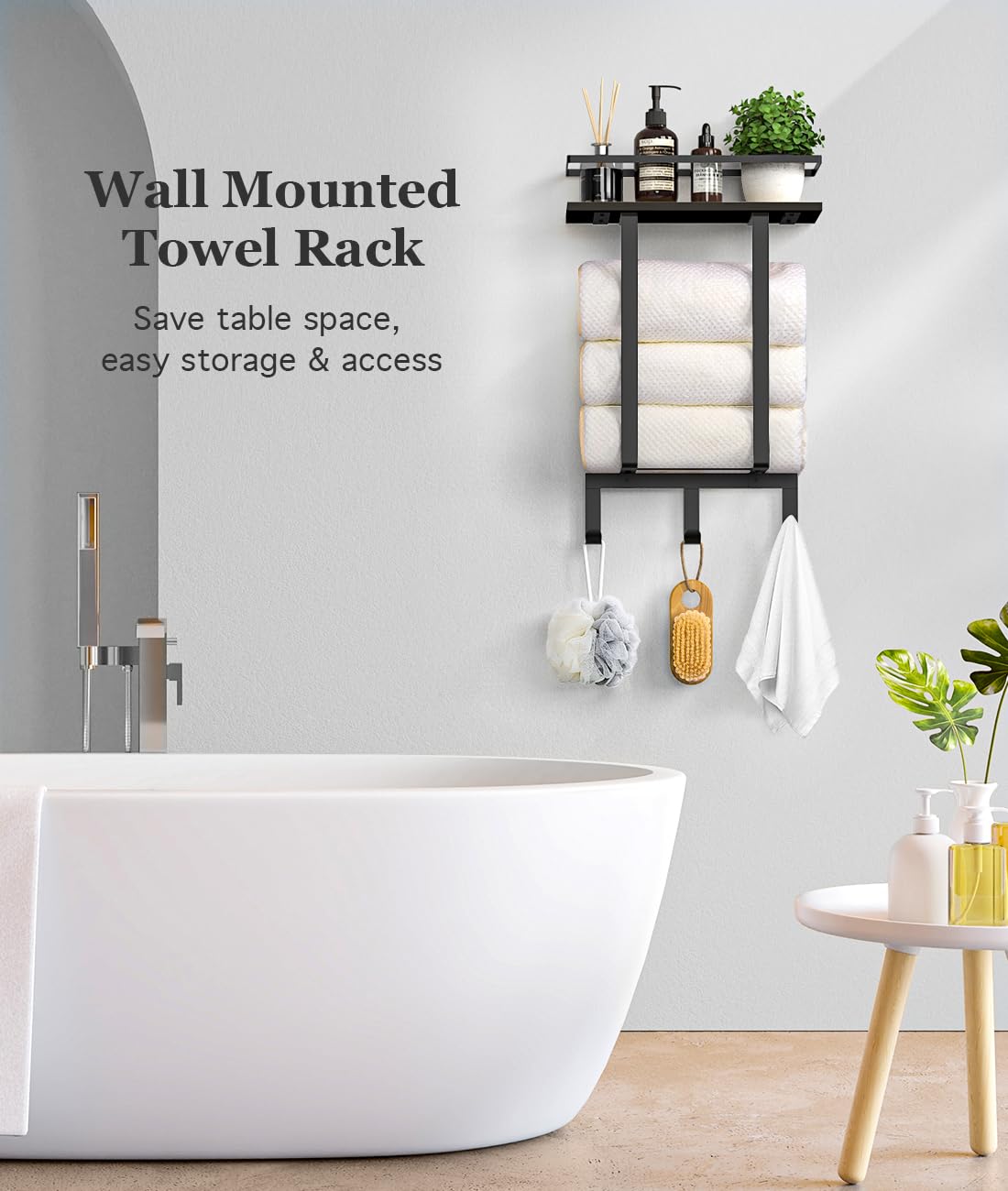 Luxspire Porte-Serviettes de Salle de Bain Mural, Support Serviettes de Bain avec 3 Crochets, Étagère de Rangement de Bain Peut Contenir 3 Serviettes Roulées pour Gel Douche Shampoing, Noir