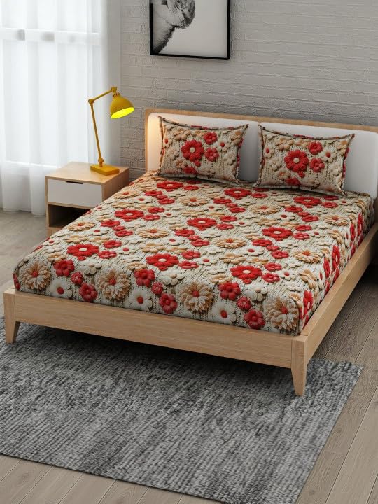 Image of Cotton Feel King Size Flat Bedsheet for Double Bed (90 x 100 Inches | 230 x 250 cm) with 2 Pillow Covers | Soft & Smooth Printed Bedsheet for Daily Use (RedMulti 7D, King Bed-90x100)