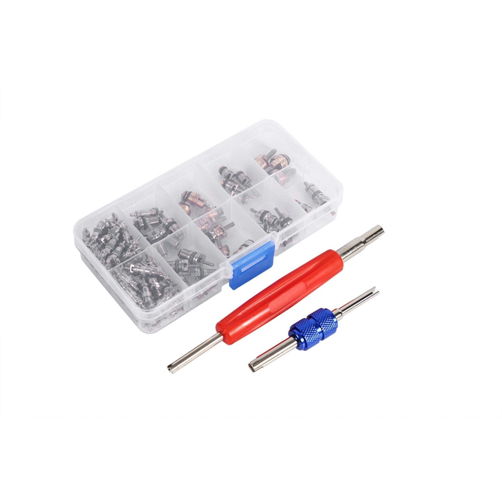 Kit de 102 embouts de valve de climatisation A/C R134a/R12 pour valve de pneu de réfrigération, kit d'outils de démontage, 102 pièces de valve Obus A/C Nucleo Valvula 16 mm pour valve de pneu 102 AC