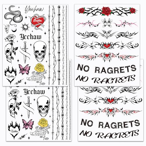 Qpout 4 Sheets No Regrets Temporary Tattoo Barbed Wire Neck Tattoos for Halloween Party Costume Ball Cosplay Supplies Tattoos