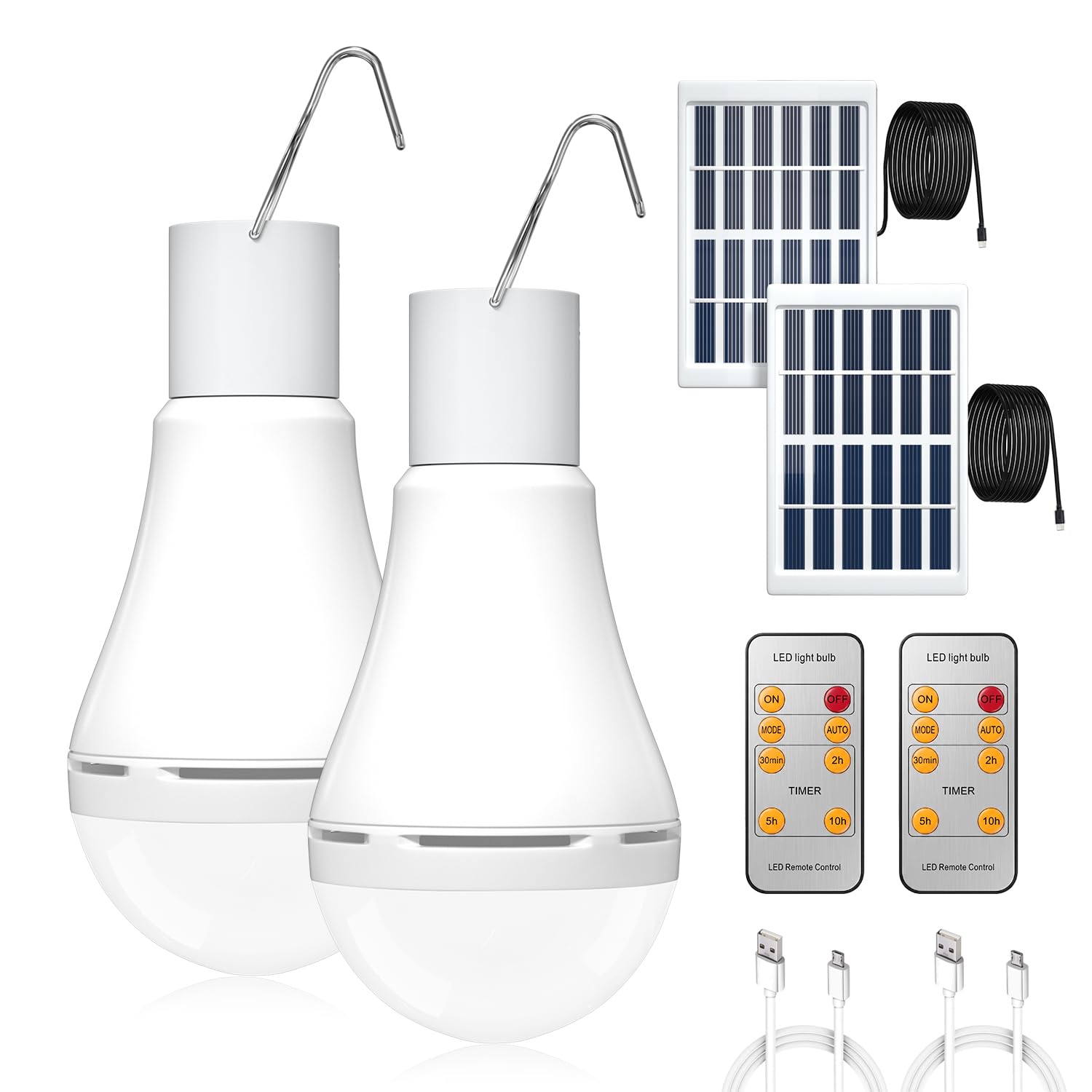 Klaright 5W Solar Powered LED Shed Light Bulb, USB Rechargeable Work Lights Portable, Camping Light Bulb with Hook, Indoor Outdoor Flashlight for Chicken House, Fishing Garden Yard Hiking, Pack of 2