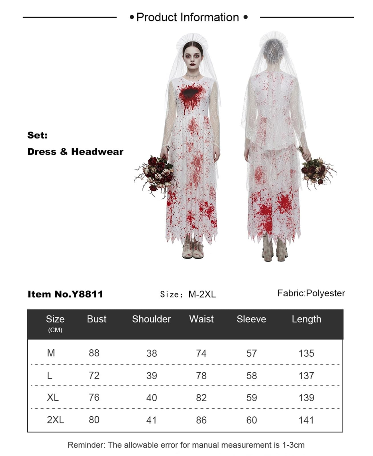 Costume da Sposa Fantasma Donna con Macchie di Sangue, Abito da Cosplay e Set di Accessori per Capelli per Festa di Halloween, Costume di Carnevale