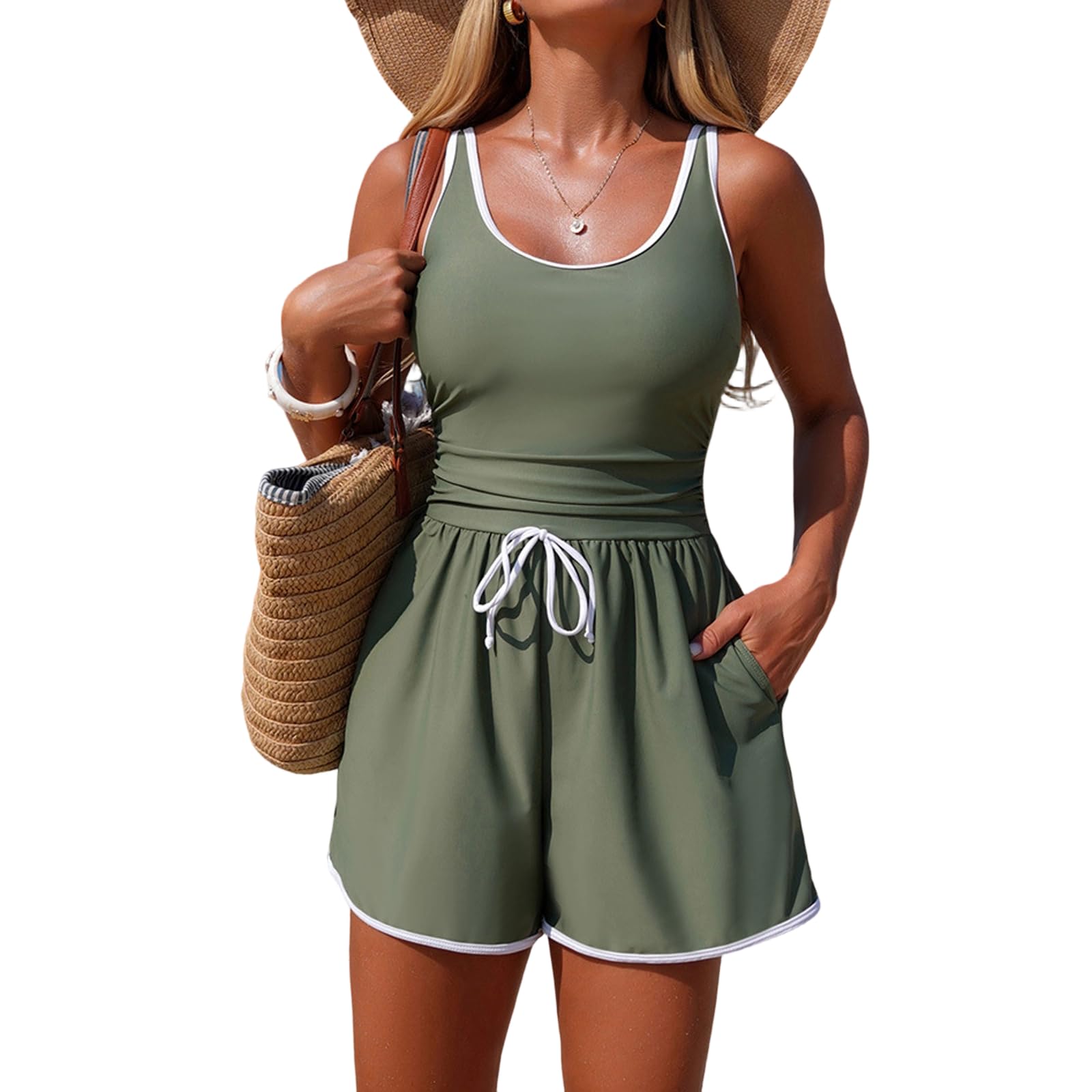 Badeanzug Damen Bauchweg Shape Badebekleidung Mit Verstellbaren TräGern, Tank-Top Schwimmanzug Mit Shorts Und Taschen, Komfortable Damen BadeanzüGe für Strand