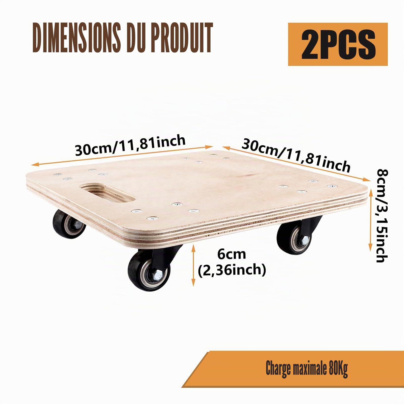 APACALI Lot de 2 roulettes de transport en bois - 30 x 30 cm - 18 mm d'épaisseur - Charge maximale : 320 kg - Pour déménagement et transport