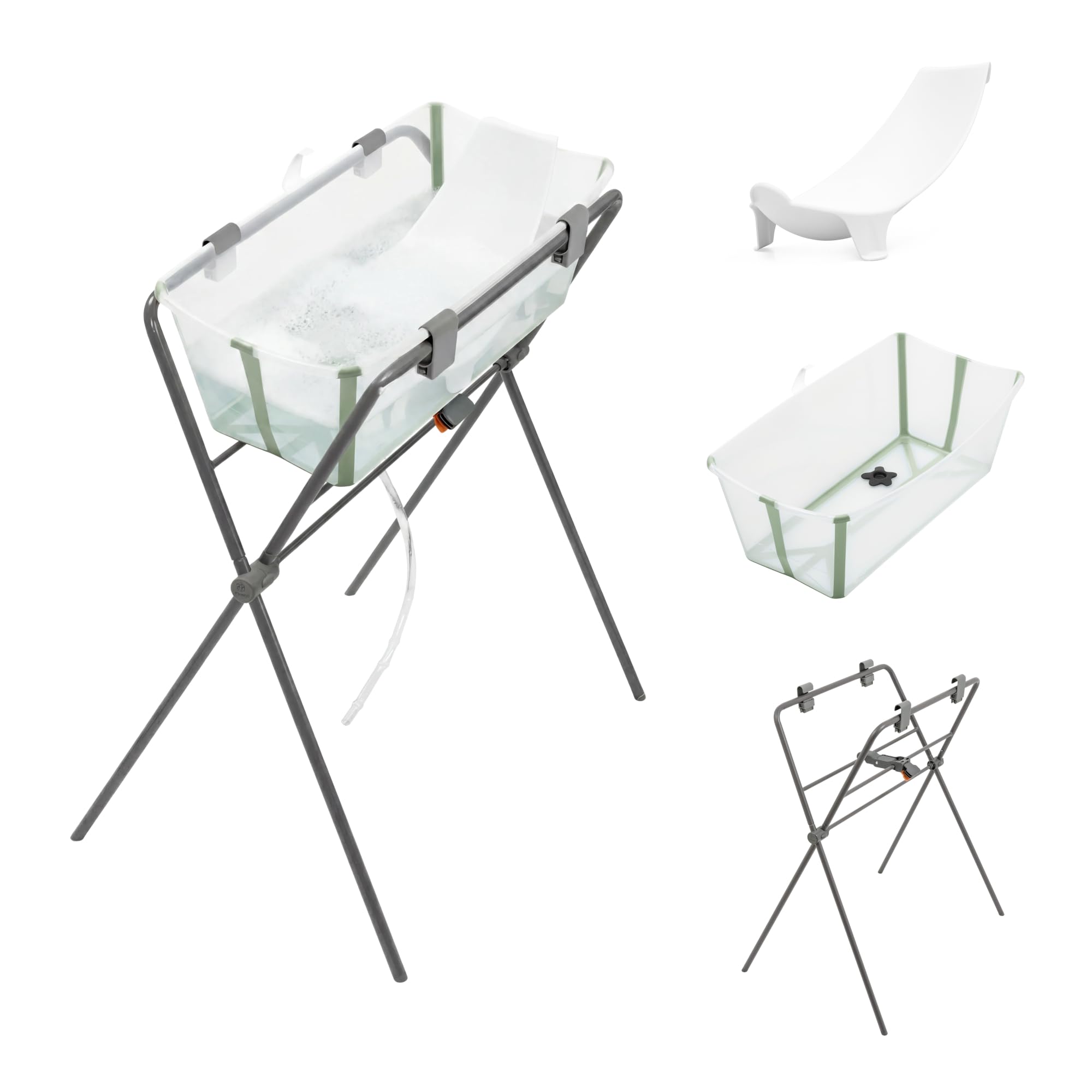 Bañera Flexi Bath de Stokke (Verde Transparente) + Soporte para recién nacido + Soporte para Bañera Flexi Bath - Ideal para niños hasta los 48 meses - Plegable, Duradera y Fácil de guardar