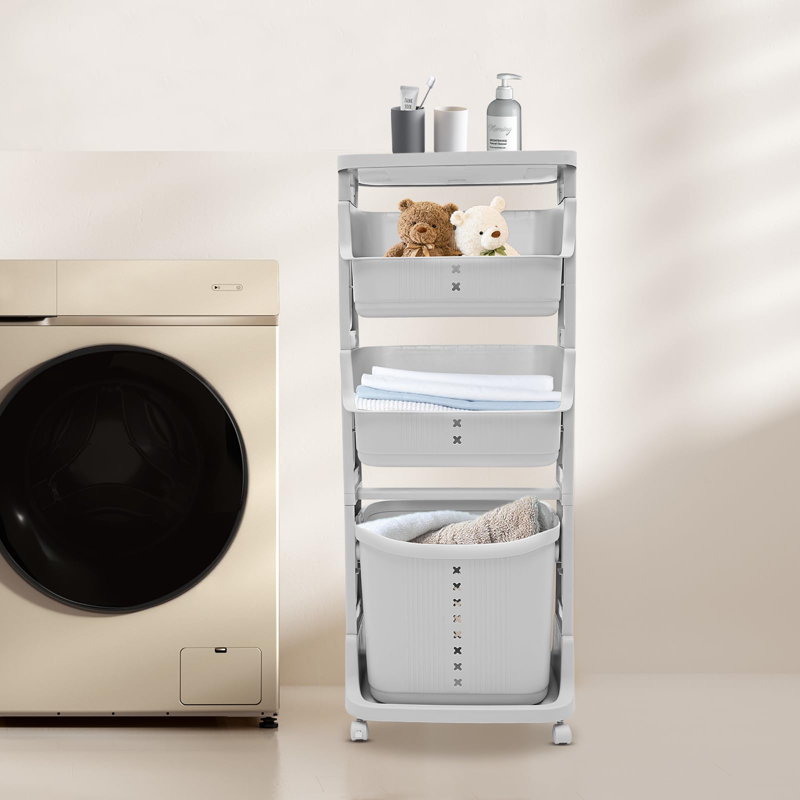 Wäschekorb auf Rollen, 4 Fächer Wäschebox Wäschesammler Wäschekorb für Wohnzimmer Schlafzimmer Waschküche Bad (Grau, 4 Etagen)