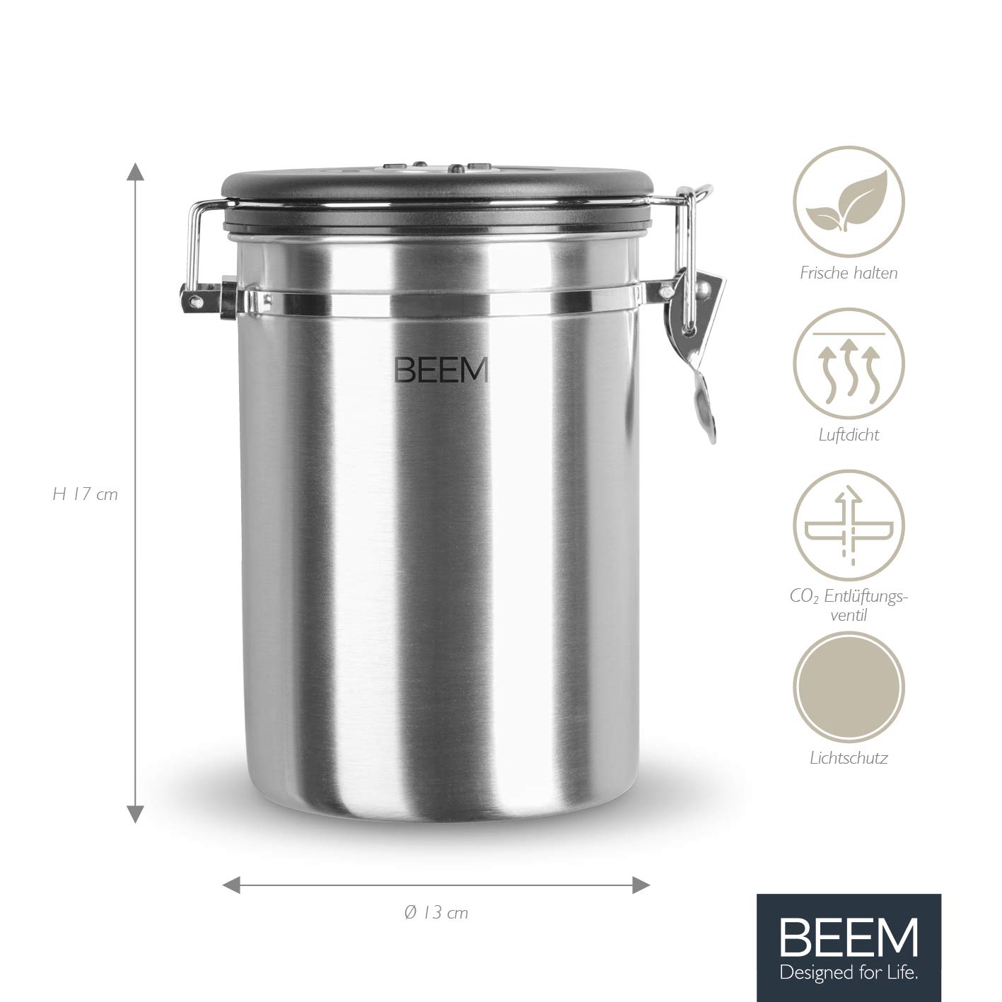 BEEM KAFFEEDOSE puszka na zapasy z łyżeczką dozującą - 1,9 l | hermetyczna ze stali nierdzewnej | wskaźnik daty | 700 g kawy | puszka aromatu | zawór odpowietrzający CO2