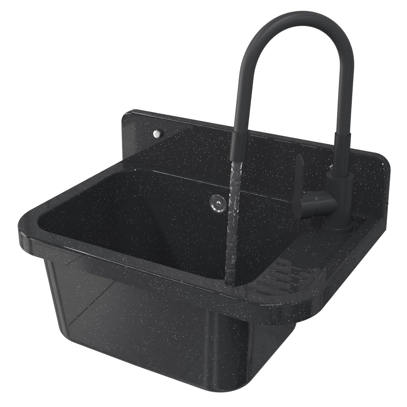 Lavabo Universel avec Siphon et Robinet de Lavabo Flex - 50x34x31 cm - Évier Exterieur pour Garage et Cave - Montage Mural - Noir - Granitan