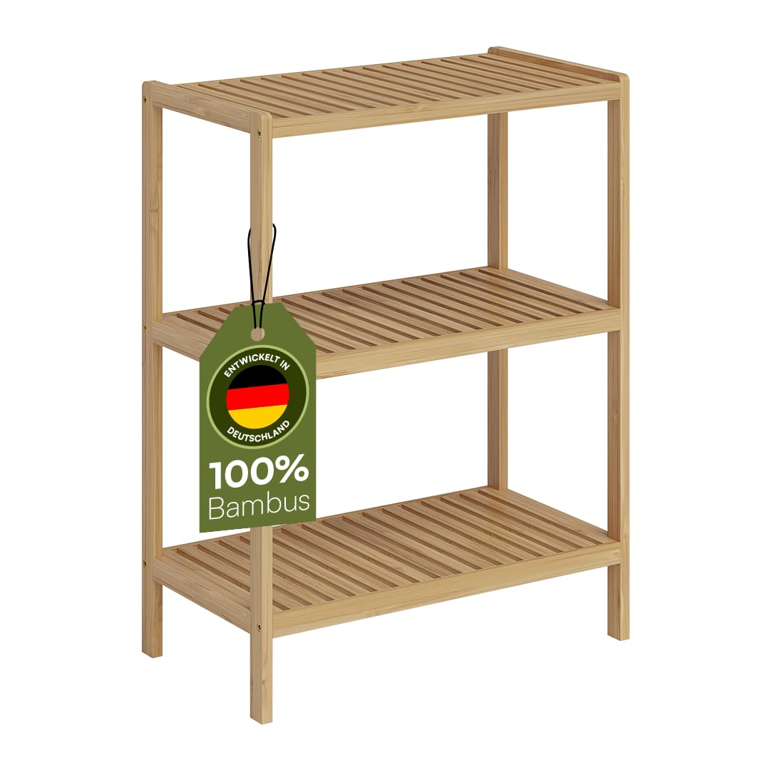 Bellamio Newa Badregal – Bambus Regal mit 3 Ablageflächen – Badezimmerschrank lackiert – Holzregal stehend für Badezimmer – Standregal schmal – offener Badschrank Natur – Badezimmermöbel 80x60x33 cm