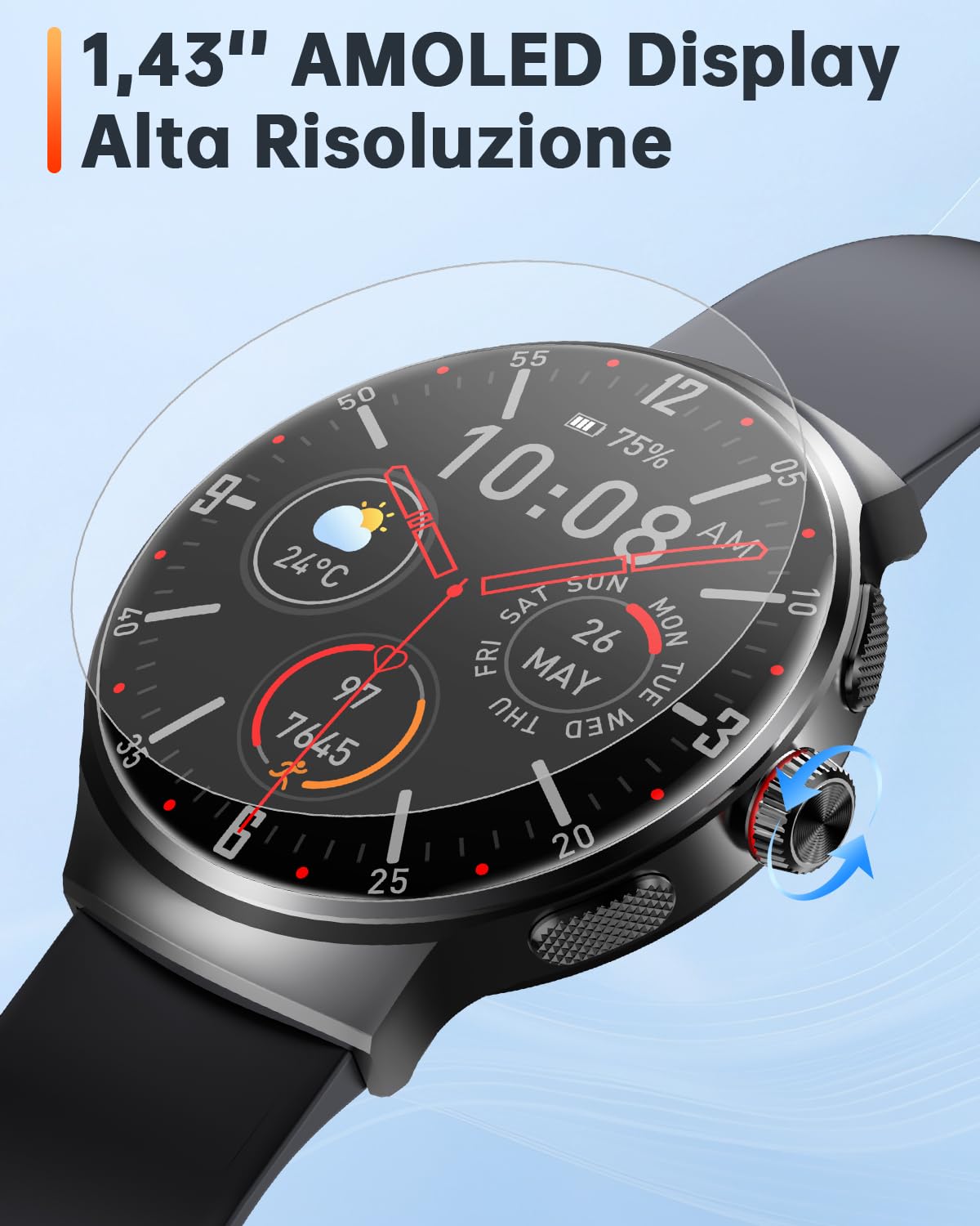 OUKITEL Smartwatch Uomo Donna, 1.43" AMOLED Orologio Intelligente Watches con Effettua Risposta Chiamate Bluetooth,100+ Sportive Fitness Bussola Contapassi Sonno Monitor IP68 Impermeabile,Android iOS