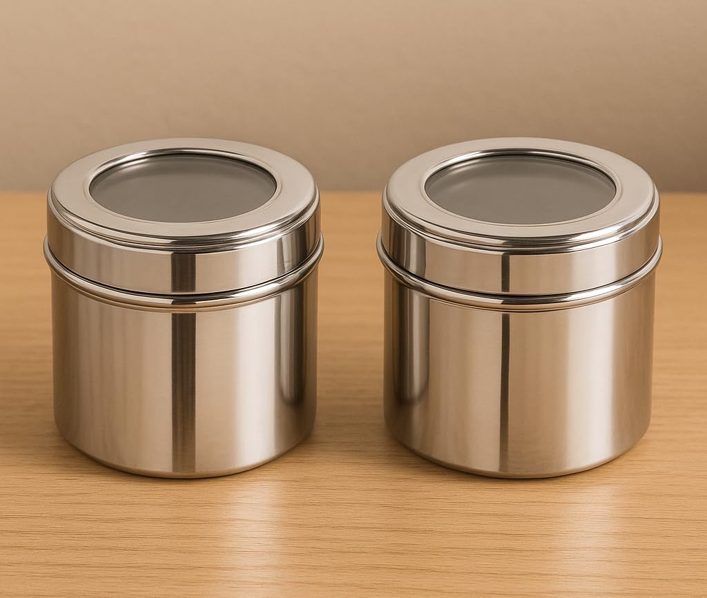 Stainless Steel Storage Container Set of 2 | 350 ml Each | Airtight Steel Dabba for Kitchen | Spice, Dry Fruits, Snacks Storage | Finish Tiffen Box