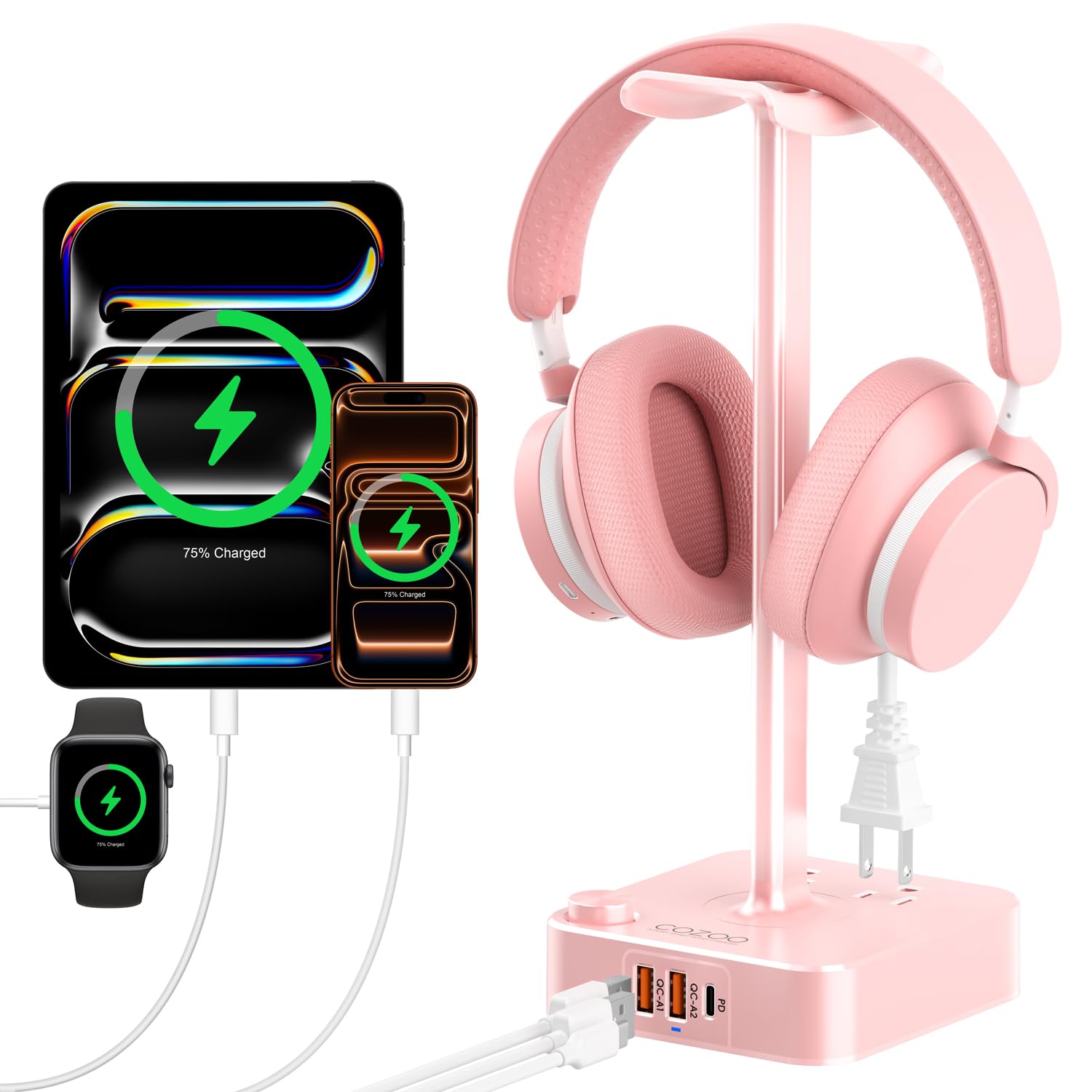 cozoo Headphone Stand with Charger, USB C, Gifts for Gamers Men, Pink | Gaming Headset Stand Holder for Desk, 3 USB(1 USB C) and 2 AC Outlets Charging Ports, Headphone Hanger, Gamer Gifts for Men
