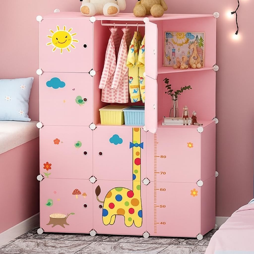 Sunderlook Plastic Wardrobe for Kids Clothes - Multipurpose Plastic Cabinet for Storage, Foldable Wardrobes for Cloth, Collapsible Wardrobe for Bedroom, Cupboard for Clothes (Pink-O5, 10 Door)