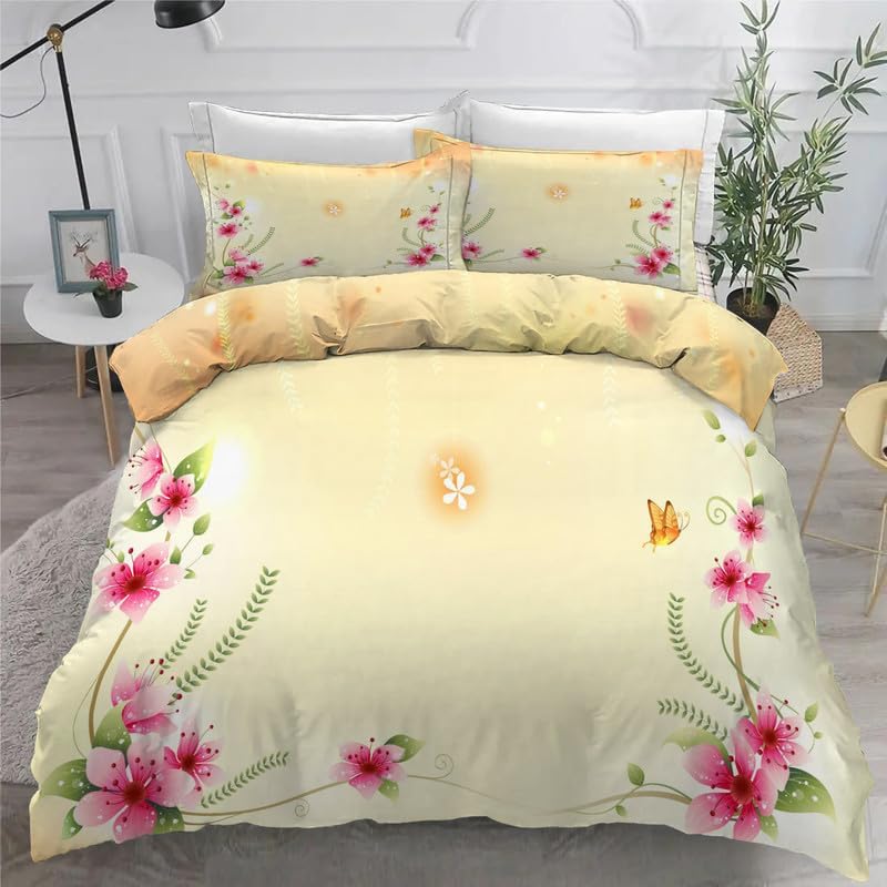 Peach Blossom Duvet Cover Full Pattern Print Bedding Sets Full Soft Microfiber Comforter Cover and 2 Pillow Shams 20"X26", Bed Set Duvet Covers with