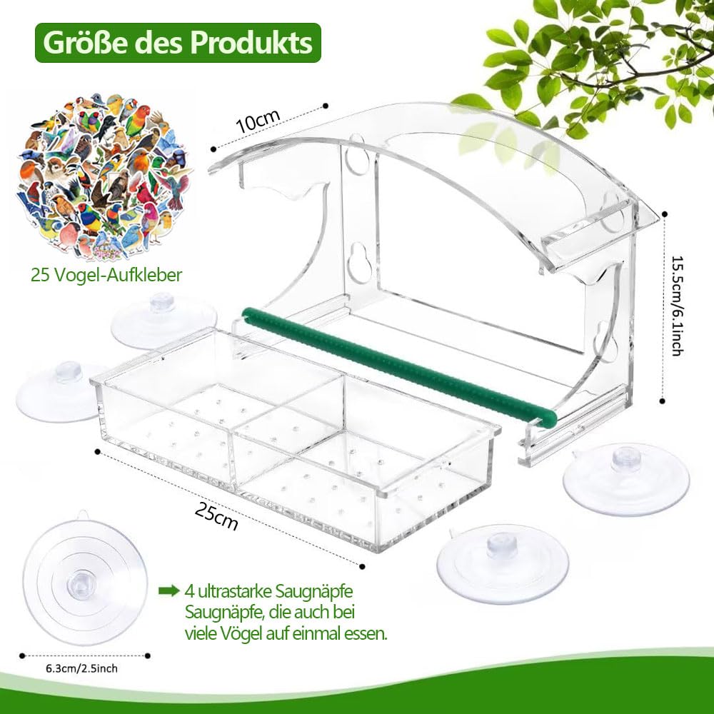 Comedero Transparente para Aves para Ventana - Exterior con 3 Ventosas y Posadera (25×15.5 cm) — view 2