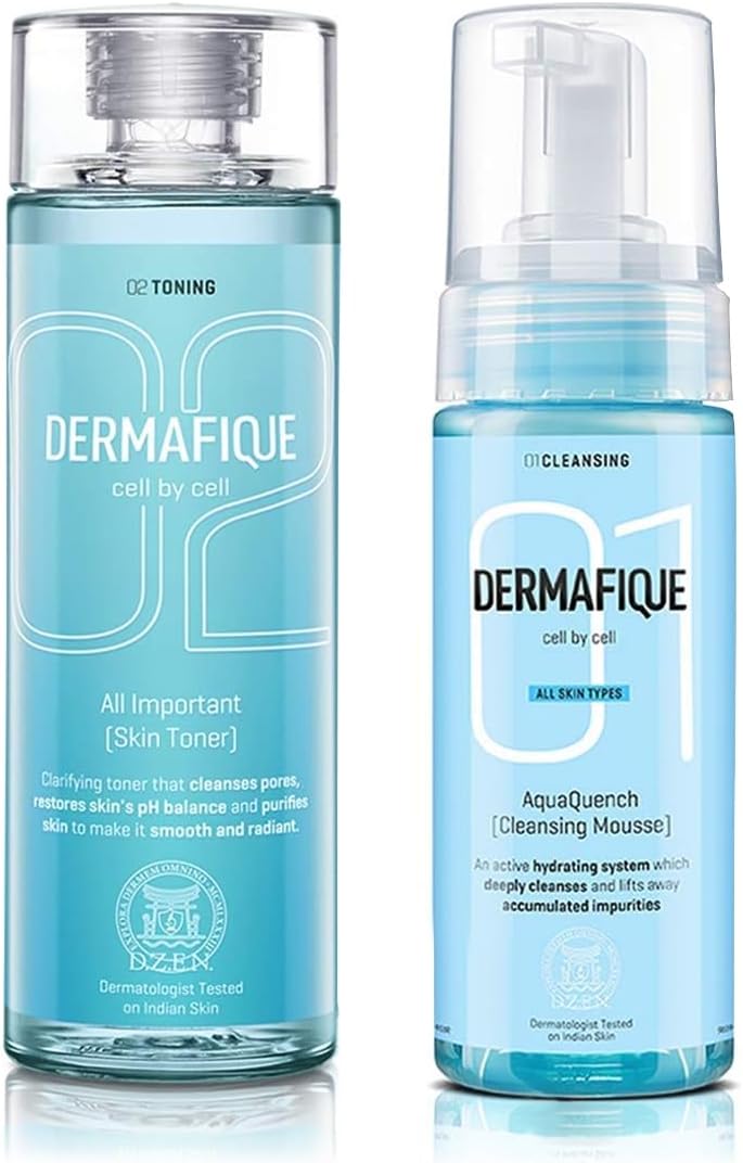 Dermafique All Important Skin Toner, Aqua Marine, 150ml And Dermafique Aquaquench Cleansing Mousse Facewash for Dry Skin, Dermatologist Tested, Paraben Free, Soap Free (150 ml)