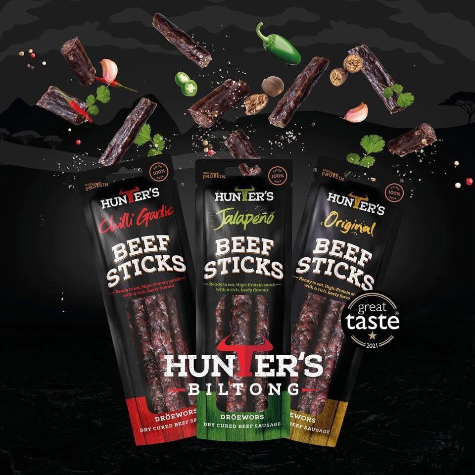 Hunters Droewors 15 x 40g of Jalapeno flavoured Droewors, High Protein, low carb, Thin sticks of authentic Beef Droewors, Gluten & MSG Free, Convenient Snack – Original Beef Sticks/Droewors
