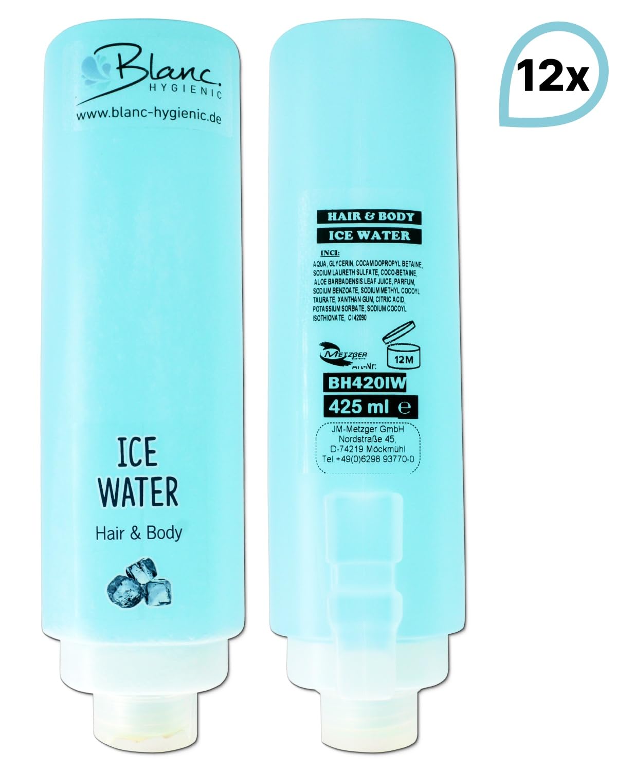 KOMPLETTSET Duscherlebnis Fresh Mint Hotelserie Weiß | 12x425 ml Hair & Body, 300 ml Intimpflegeschaum, 5 Halter, Aloe Vera & pH-neutral