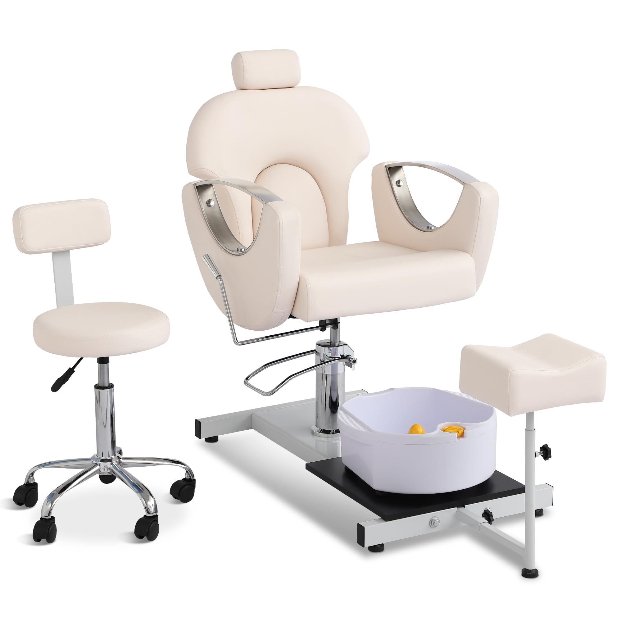 LOUVIXA Pedicure Station No Plumbing, Hydraulic Pedicure Chair for Nail Tech, Height Adjustable Reclining Pedicure Station Unit, 360 Degree Swivel Foot Spa Chair with Massage Foot Bath (White)