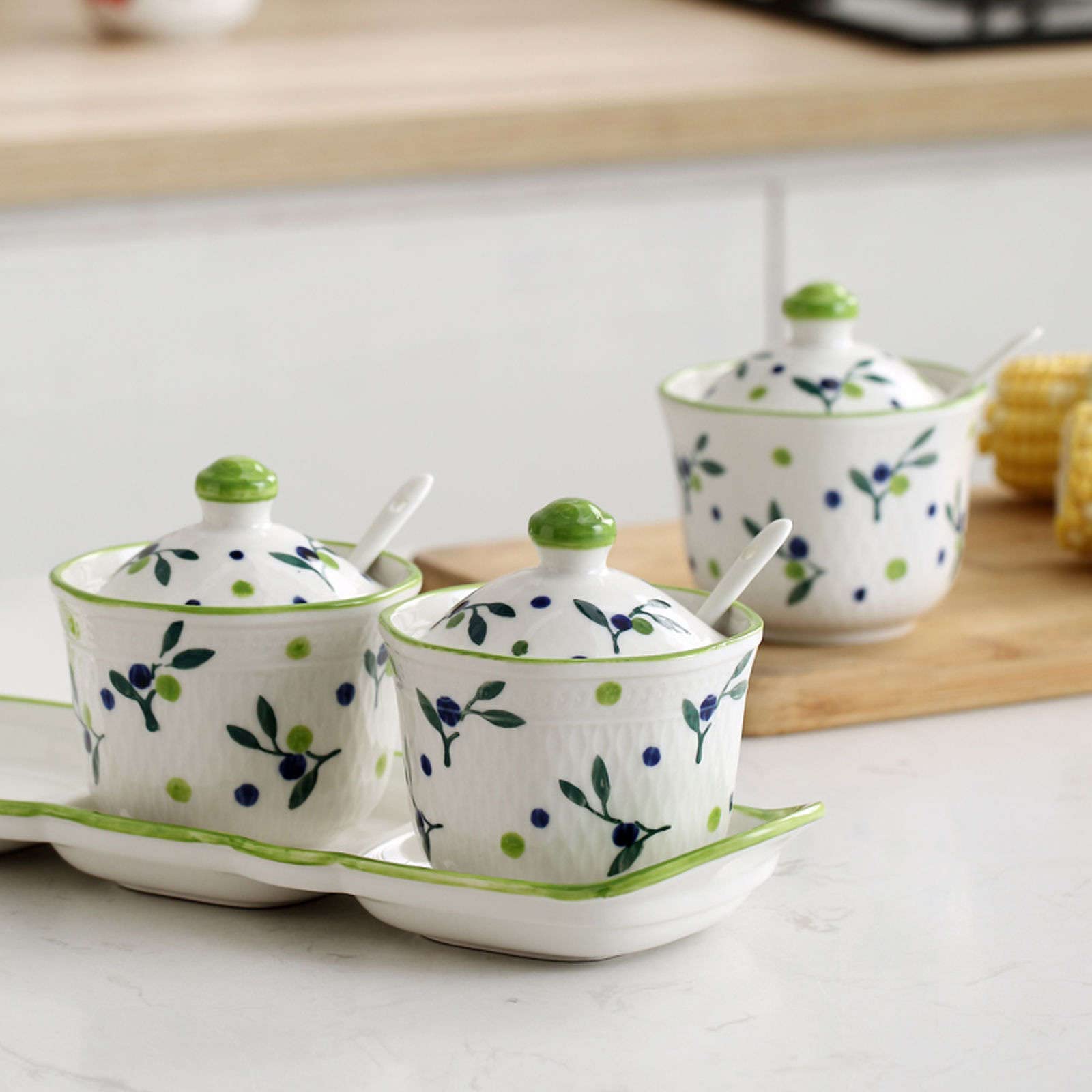 XYNSNDB Zuckerdose, Gewürzbehälter, handgezeichnete Muster-Zuckerdose mit Deckel, Keramik-Teetasse-Form, Zuckerdose, Kaffeezubehör, Zuckerausgießer, Küchenaufbewahrung, Bauhinia, 3er-Set, rote STR