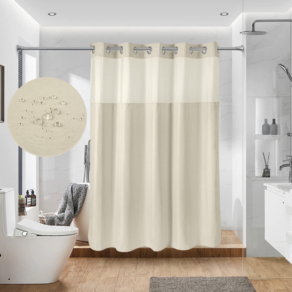 Duschvorhang, 180 cm B x 200 cm H, Stoff, Hakenfrei, lang, mit Polyester-Magnet, Snap-In-Futter, oben durchsichtig, mit Netzfenster, Hellbeige