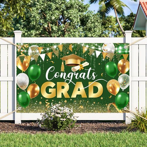 Image of AIBIIN 7x5ft Graduation Decorations 2026 Congrats Grad Backdrop Green Gold Glitter Balloons Congratulations Graduation Party Decorations Background for Photography Party Supplies