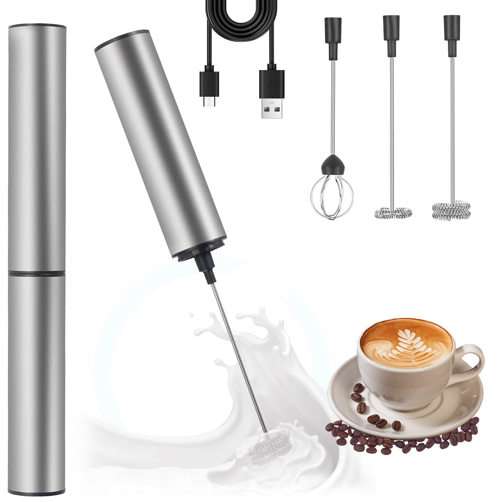 Espumador de Leche Eléctrico USB Recargable,Batidor Portátil de Acero Inoxidable 304 con 3 Cabezas Intercambiables,Doble Varilla para Cappuccino, Café,Latte,Matcha,Chocolate