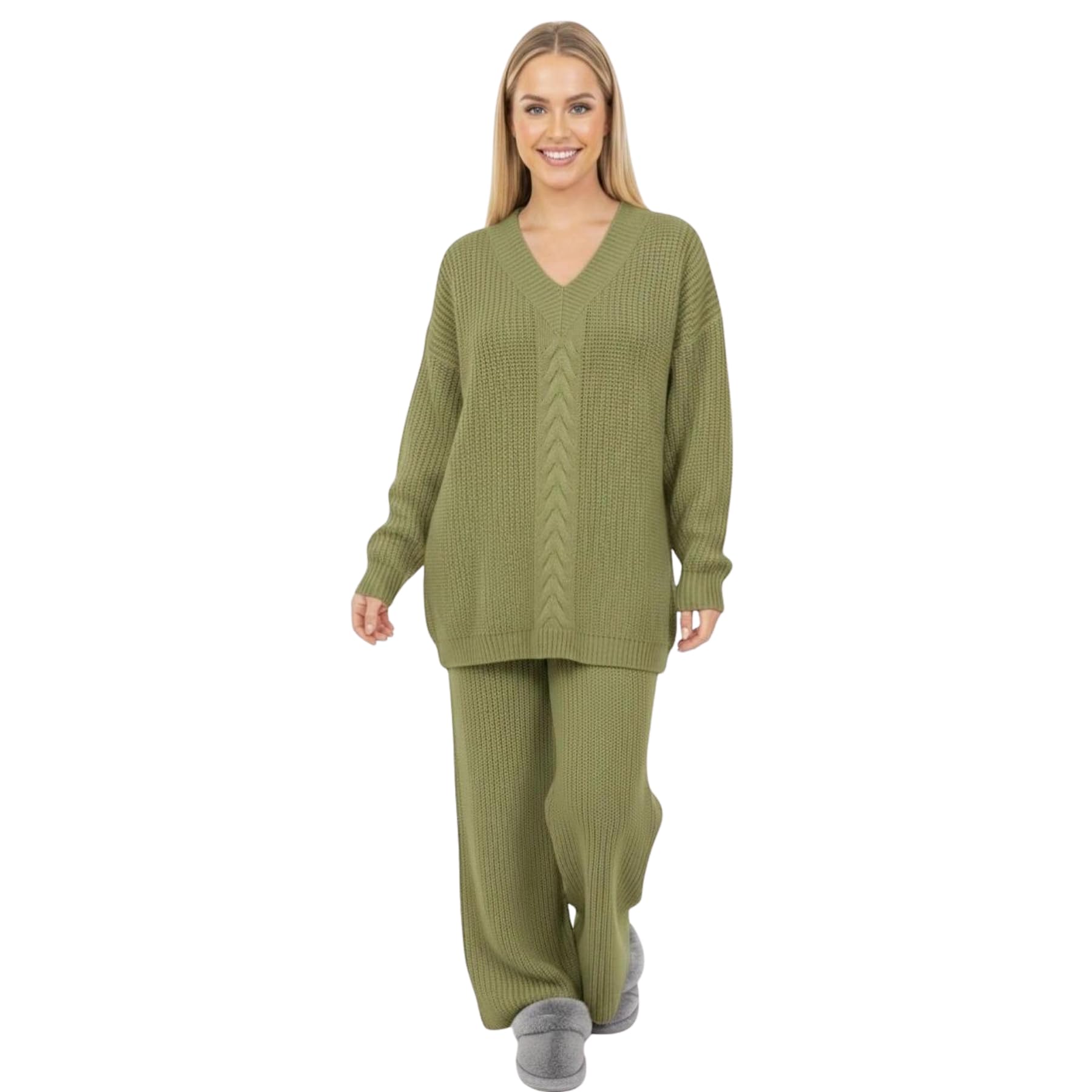 janisramone Set da donna in 2 pezzi, maglia a trecce, maglione a maniche lunghe con scollo a V e pantaloni a gamba larga, tuta per autunno e inverno, taglia 40-46