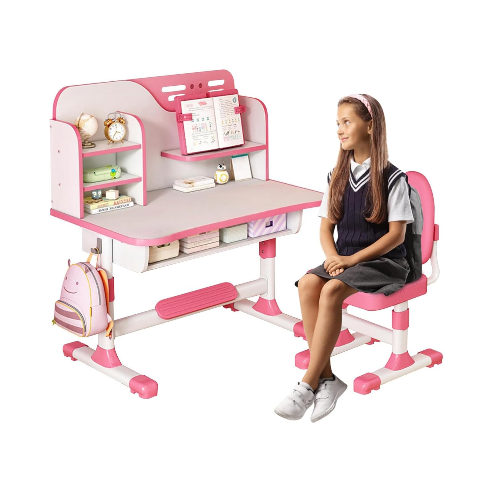 Set Scrivania e Sedia per Bambini, Regolabile per Camera da Letto delle Ragazze, Design Ergonomico, Ampio Piano di Scrittura, Libreria e Cassetto, Bambini da 3 a 18 Anni