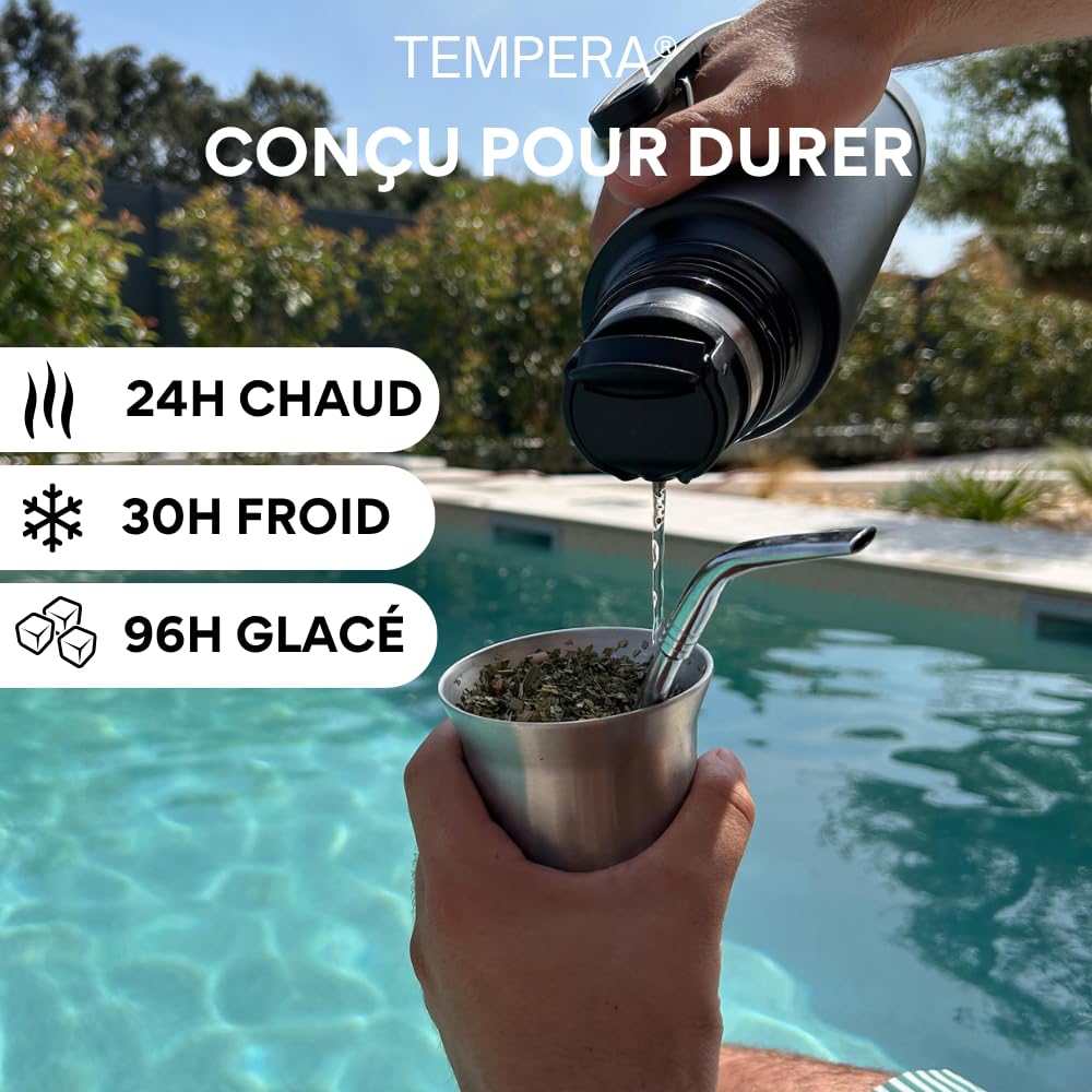 TEMPERA Mate-Thermoskanne – 1 L | Doppelwandiger Edelstahl, BPA-frei | Kalebasse/Becher (240 ml) | Hält 24 Std. heiß, 30 Std. kalt | Präzisionsausgießer mit Druckknopf | Mate – Tee – Kaffee