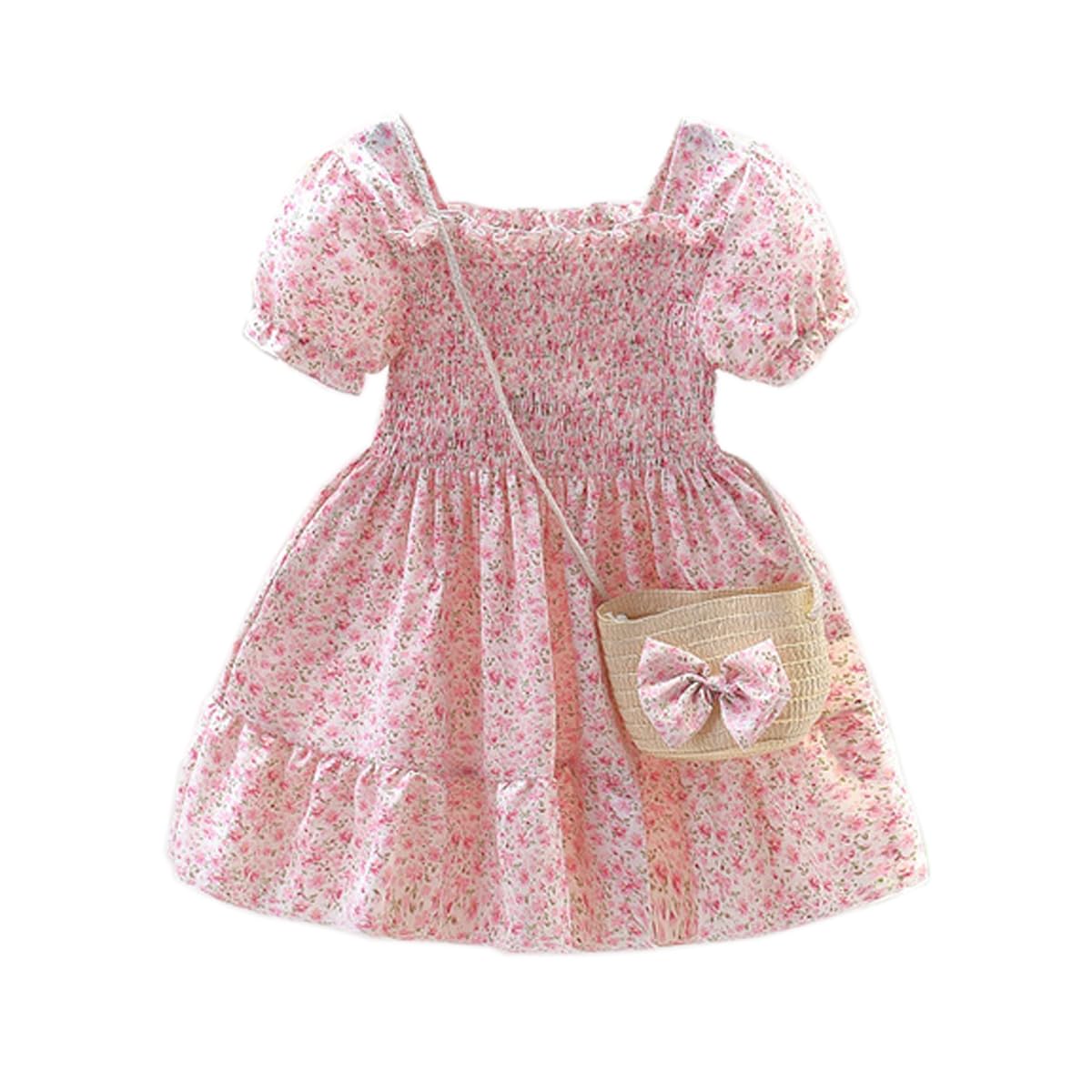 Citridarll Little Girl Smocked Dress Princess Casual Summer Sundress Toddler Puff Sleeve A-Line Dress with Bag, 18-24 Months, Pink