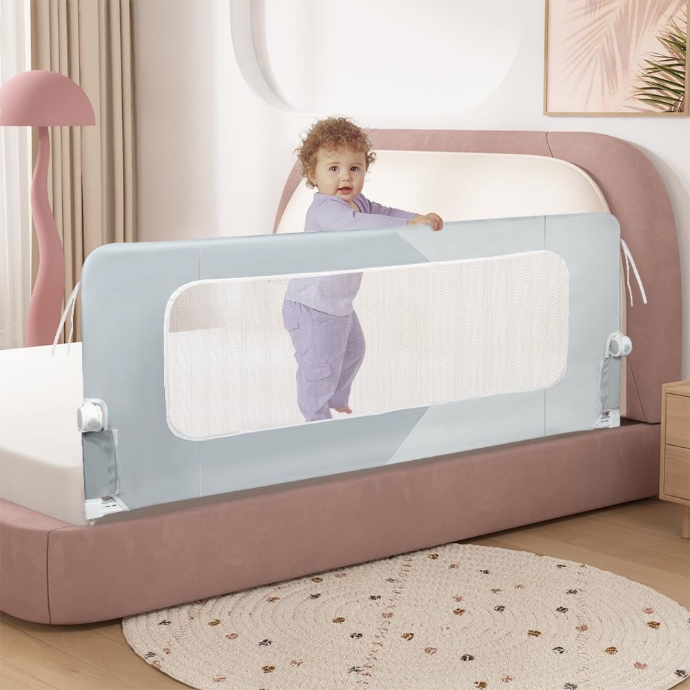 HUOLE Barriera per letto per tutti i piccoli, pieghevole e portatile, telaio in metallo anti-caduta regolabile in altezza, telaio in metallo robusto, 180 x 73 x 86 cm - Doppio pezzo Grigio
